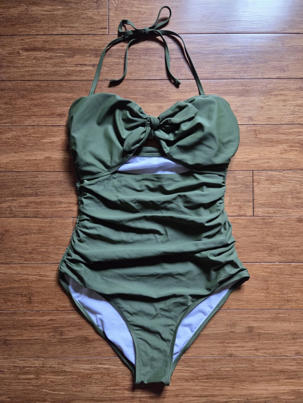 Olive Green One Piece Swimsuit M Knot Front Ruched Tummy Control Halter Cutout
